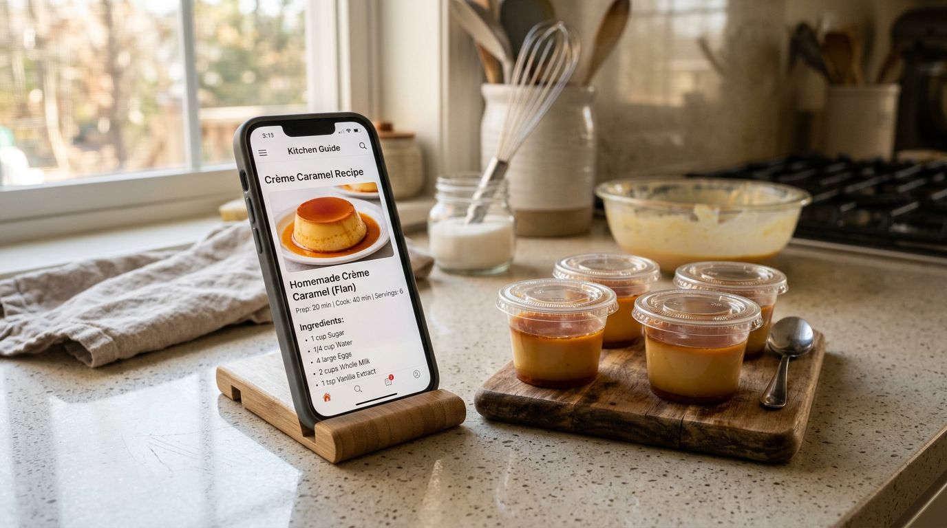 Guia de receitas do método aberto no celular ao lado de pudins prontos