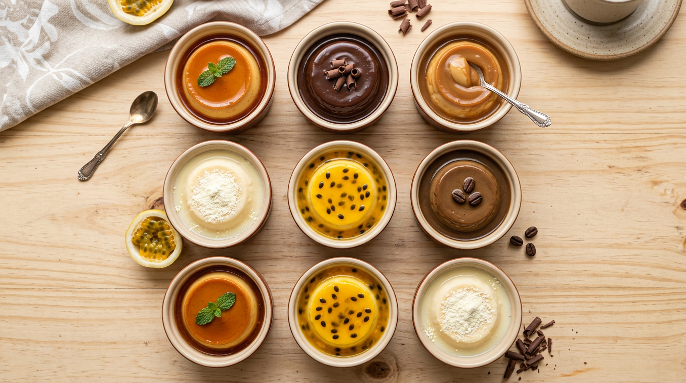 Infográfico com sabores, caldas e combinações de pudim
