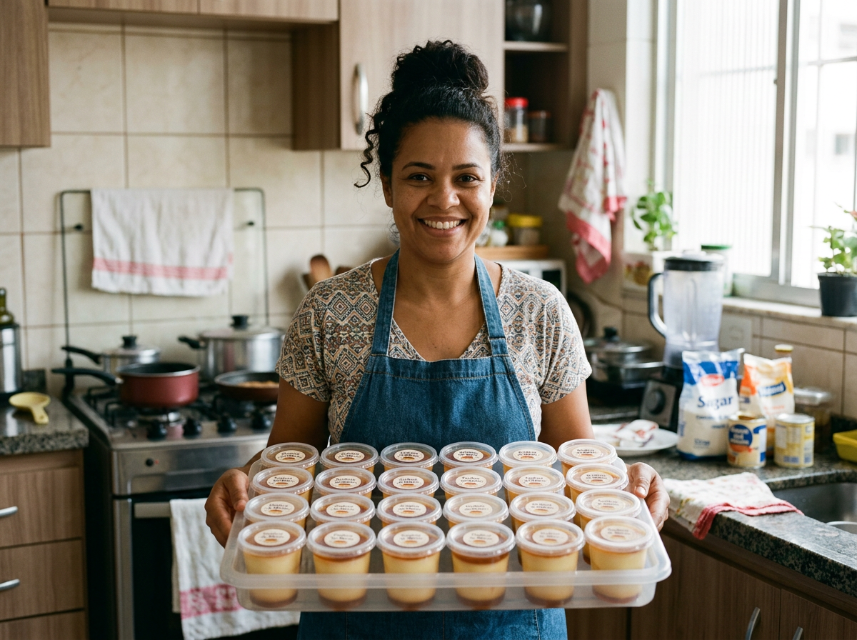 Mulher segurando bandeja de pudins embalados para venda